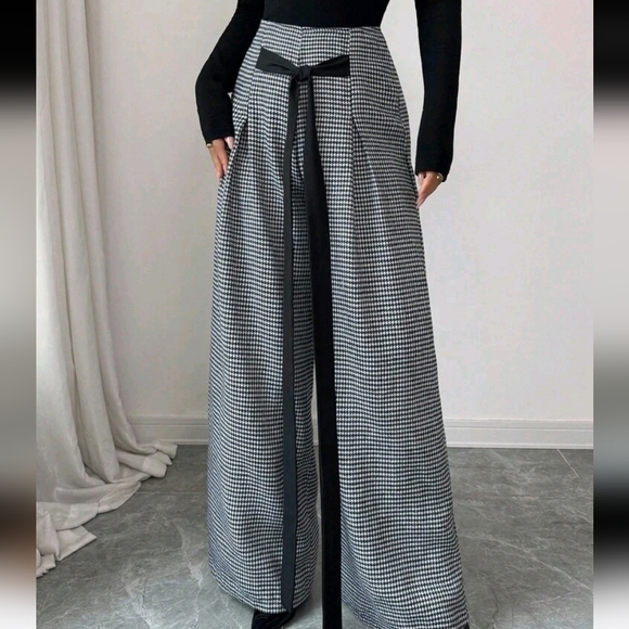 Elegant Casual Home & Outdoor Houndstooth Tie-Up Loose Wide Leg Pants - Picture 1 of 5
